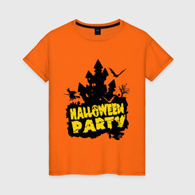 Женская футболка хлопок с принтом Halloween party-замок в Екатеринбурге, 100% хлопок | прямой крой, круглый вырез горловины, длина до линии бедер, слегка спущенное плечо | halloween | halloween party замок | party | замок | праздники | хэллоуин