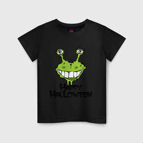 Детская футболка хлопок с принтом Happy Halloween -монстрик в Екатеринбурге, 100% хлопок | круглый вырез горловины, полуприлегающий силуэт, длина до линии бедер | hallowen | helloveen | день всех святых | хэллоуин | хэлоуин