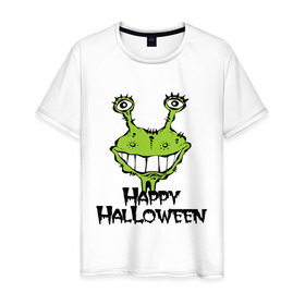 Мужская футболка хлопок с принтом Happy Halloween -монстрик в Екатеринбурге, 100% хлопок | прямой крой, круглый вырез горловины, длина до линии бедер, слегка спущенное плечо. | hallowen | helloveen | день всех святых | хэллоуин | хэлоуин