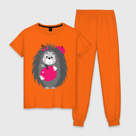 Женская пижама хлопок с принтом Ёжик держит яблоко в Екатеринбурге, 100% хлопок | брюки и футболка прямого кроя, без карманов, на брюках мягкая резинка на поясе и по низу штанин | ежик | животные | милые создания