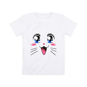 Детская футболка хлопок с принтом Японская кошечка в Екатеринбурге, 100% хлопок | круглый вырез горловины, полуприлегающий силуэт, длина до линии бедер | аниме | глаза | глазки | девушкам | киса | кот | коте | котенок | кошечка | кошка | милые создания | мордочка | японская кошечка