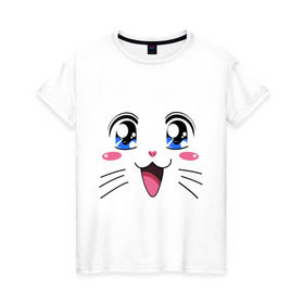 Женская футболка хлопок с принтом Японская кошечка в Екатеринбурге, 100% хлопок | прямой крой, круглый вырез горловины, длина до линии бедер, слегка спущенное плечо | аниме | глаза | глазки | девушкам | киса | кот | коте | котенок | кошечка | кошка | милые создания | мордочка | японская кошечка