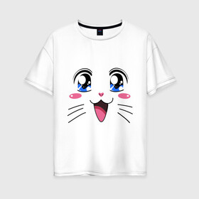 Женская футболка хлопок Oversize с принтом Японская кошечка в Екатеринбурге, 100% хлопок | свободный крой, круглый ворот, спущенный рукав, длина до линии бедер
 | аниме | глаза | глазки | девушкам | киса | кот | коте | котенок | кошечка | кошка | милые создания | мордочка | японская кошечка