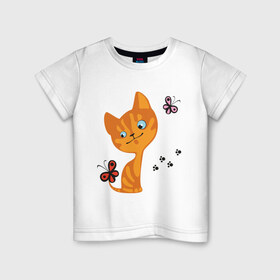 Детская футболка хлопок с принтом Котенок с бабочками в Екатеринбурге, 100% хлопок | круглый вырез горловины, полуприлегающий силуэт, длина до линии бедер | Тематика изображения на принте: для девушек | котенок | котенок с бабочкой | кошки