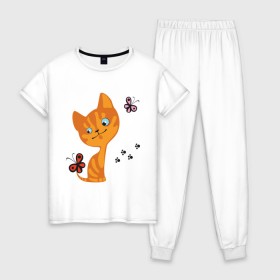 Женская пижама хлопок с принтом Котенок с бабочками в Екатеринбурге, 100% хлопок | брюки и футболка прямого кроя, без карманов, на брюках мягкая резинка на поясе и по низу штанин | Тематика изображения на принте: для девушек | котенок | котенок с бабочкой | кошки