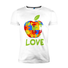 Мужская футболка премиум с принтом Apple пазл в Екатеринбурге, 92% хлопок, 8% лайкра | приталенный силуэт, круглый вырез ворота, длина до линии бедра, короткий рукав | apple | love apple | люблю эппл | паззлы | яблоко