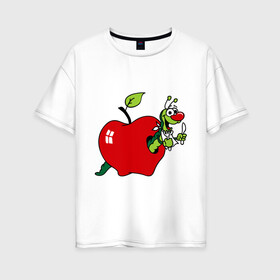 Женская футболка хлопок Oversize с принтом Яблочко с червячком в Екатеринбурге, 100% хлопок | свободный крой, круглый ворот, спущенный рукав, длина до линии бедер
 | apple | iphone | джобс | коммуникатор | комуникатор | пятый айфон | телефон | фрукт | червяк | яблоко