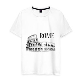 Мужская футболка хлопок с принтом ROME (эскиз) в Екатеринбурге, 100% хлопок | прямой крой, круглый вырез горловины, длина до линии бедер, слегка спущенное плечо. | Тематика изображения на принте: италия | колизей | рим | туристам