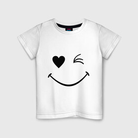 Детская футболка хлопок с принтом Подмигивающий смайлик в Екатеринбурге, 100% хлопок | круглый вырез горловины, полуприлегающий силуэт, длина до линии бедер | smile | для девушек | мордочка | позитив | рожица | сердечко | смайл | смайлик | улыбка