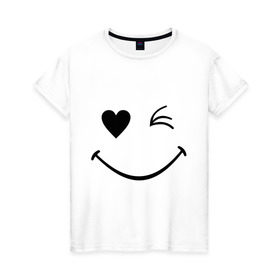 Женская футболка хлопок с принтом Подмигивающий смайлик в Екатеринбурге, 100% хлопок | прямой крой, круглый вырез горловины, длина до линии бедер, слегка спущенное плечо | smile | для девушек | мордочка | позитив | рожица | сердечко | смайл | смайлик | улыбка
