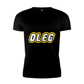 Мужская футболка премиум с принтом Oleg в Екатеринбурге, 92% хлопок, 8% лайкра | приталенный силуэт, круглый вырез ворота, длина до линии бедра, короткий рукав | lego | антибрренд | имена | конструктор лего | лего | логотип лего | олег
