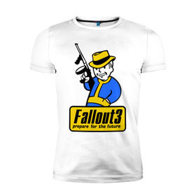 Мужская футболка премиум с принтом Fallout Man в Екатеринбурге, 92% хлопок, 8% лайкра | приталенный силуэт, круглый вырез ворота, длина до линии бедра, короткий рукав | fallout | логотип | постапокалиптические | фаллаут | фоллаут