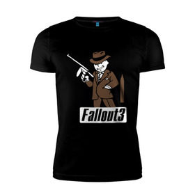 Мужская футболка премиум с принтом Fallout Man with gun в Екатеринбурге, 92% хлопок, 8% лайкра | приталенный силуэт, круглый вырез ворота, длина до линии бедра, короткий рукав | fallout | логотип | постапокалиптические | фаллаут | фоллаут
