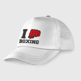 Детская кепка тракер с принтом i love boxing - я люблю бокс в Екатеринбурге, Козырек - 100% хлопок. Кепка - 100% полиэстер, Задняя часть - сетка | универсальный размер, пластиковая застёжка | sport | боксер | боксировать | кулак | ринг | рука | спорт | спортсмен | удар