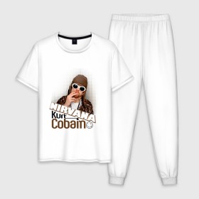 Мужская пижама хлопок с принтом Kurt Cobain в очках в Екатеринбурге, 100% хлопок | брюки и футболка прямого кроя, без карманов, на брюках мягкая резинка на поясе и по низу штанин
 | kurt cobain | kurt cobain в очках | nirvana | музыка | нирвана