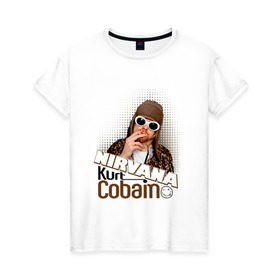 Женская футболка хлопок с принтом Kurt Cobain в очках в Екатеринбурге, 100% хлопок | прямой крой, круглый вырез горловины, длина до линии бедер, слегка спущенное плечо | kurt cobain | kurt cobain в очках | nirvana | музыка | нирвана