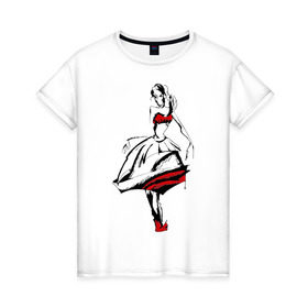 Женская футболка хлопок с принтом Девушка в красном платье в Екатеринбурге, 100% хлопок | прямой крой, круглый вырез горловины, длина до линии бедер, слегка спущенное плечо | девушка в красном | девушкам | для девушек | рисунок