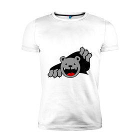 Мужская футболка премиум с принтом Медведь вылезает из футболки в Екатеринбурге, 92% хлопок, 8% лайкра | приталенный силуэт, круглый вырез ворота, длина до линии бедра, короткий рукав | медведь | прикольные картинки