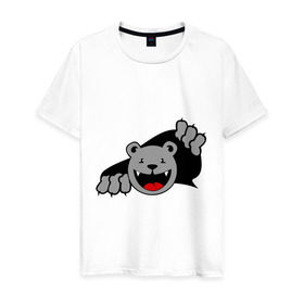 Мужская футболка хлопок с принтом Медведь вылезает из футболки в Екатеринбурге, 100% хлопок | прямой крой, круглый вырез горловины, длина до линии бедер, слегка спущенное плечо. | медведь | прикольные картинки