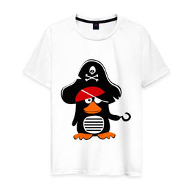 Мужская футболка хлопок с принтом Пингвин - тусовщик в Екатеринбурге, 100% хлопок | прямой крой, круглый вырез горловины, длина до линии бедер, слегка спущенное плечо. | пингвин | пират