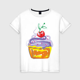 Женская футболка хлопок с принтом кексик в Екатеринбурге, 100% хлопок | прямой крой, круглый вырез горловины, длина до линии бедер, слегка спущенное плечо | вишенка | еда | кексик | пироженка | сладости | тортики