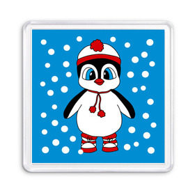 Магнит 55*55 с принтом Пингвиненок в снегу в Екатеринбурге, Пластик | Размер: 65*65 мм; Размер печати: 55*55 мм | пингвин