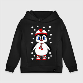 Детское худи Oversize хлопок с принтом Пингвин в снегу в Екатеринбурге, френч-терри — 70% хлопок, 30% полиэстер. Мягкий теплый начес внутри —100% хлопок | боковые карманы, эластичные манжеты и нижняя кромка, капюшон на магнитной кнопке | пингвин