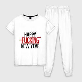Женская пижама хлопок с принтом Happy fucking New Year в Екатеринбурге, 100% хлопок | брюки и футболка прямого кроя, без карманов, на брюках мягкая резинка на поясе и по низу штанин | Тематика изображения на принте: 2013 | happy new year | new year | нг | новый год | новый год 2013 | с новым годом