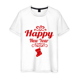 Мужская футболка хлопок с принтом Happy new year, носок в Екатеринбурге, 100% хлопок | прямой крой, круглый вырез горловины, длина до линии бедер, слегка спущенное плечо. | Тематика изображения на принте: 2013 | happy new year | new year | год змеи | дед мороз | новый год
