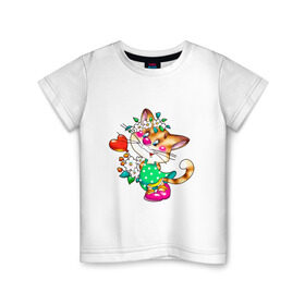Детская футболка хлопок с принтом КИСКА С СЕРДЕЧКОМ в Екатеринбурге, 100% хлопок | круглый вырез горловины, полуприлегающий силуэт, длина до линии бедер | детское | детям | для детей | киса | котенок | кошка
