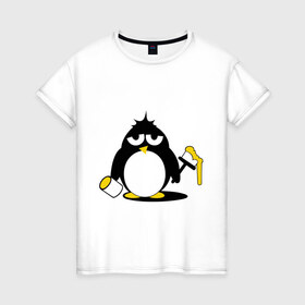 Женская футболка хлопок с принтом Пингвин красит в Екатеринбурге, 100% хлопок | прямой крой, круглый вырез горловины, длина до линии бедер, слегка спущенное плечо | 