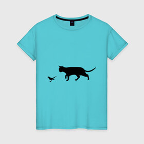 Женская футболка хлопок с принтом Кошка крадется к птичке в Екатеринбурге, 100% хлопок | прямой крой, круглый вырез горловины, длина до линии бедер, слегка спущенное плечо | 