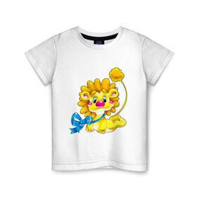 Детская футболка хлопок с принтом ЛЕВ С БАНТОМ в Екатеринбурге, 100% хлопок | круглый вырез горловины, полуприлегающий силуэт, длина до линии бедер | бантик | детские | животное | зверь | ленточка | львенок