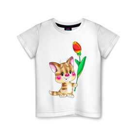 Детская футболка хлопок с принтом КОТ С ТЮЛЬПАНОМ в Екатеринбурге, 100% хлопок | круглый вырез горловины, полуприлегающий силуэт, длина до линии бедер | детские | животные | звери | зверушка | киса | котенок | котик | цветок | цветочек