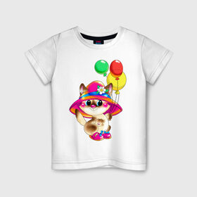 Детская футболка хлопок с принтом КИСКА В ШЛЯПЕ в Екатеринбурге, 100% хлопок | круглый вырез горловины, полуприлегающий силуэт, длина до линии бедер | Тематика изображения на принте: в шляпе | воздушные шарики | детские | животные | звери | зверушка | киса | котенок | шары