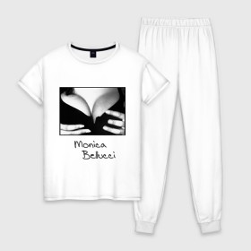 Женская пижама хлопок с принтом Моника Белуччи в Екатеринбурге, 100% хлопок | брюки и футболка прямого кроя, без карманов, на брюках мягкая резинка на поясе и по низу штанин | monica belucci | грудь | декольте | моника | моника белучи