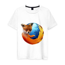 Мужская футболка хлопок с принтом Firefox лис в Екатеринбурге, 100% хлопок | прямой крой, круглый вырез горловины, длина до линии бедер, слегка спущенное плечо. | лиса