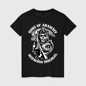 Женская футболка хлопок с принтом Sons of anarchy logo в Екатеринбурге, 100% хлопок | прямой крой, круглый вырез горловины, длина до линии бедер, слегка спущенное плечо | скелет | сыны анархии