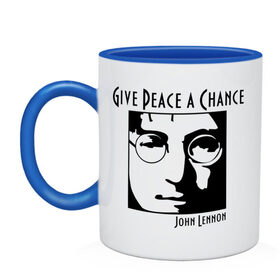 Кружка двухцветная с принтом John Lennon (Джон Леннон) Give Peace a Chance в Екатеринбурге, керамика | объем — 330 мл, диаметр — 80 мм. Цветная ручка и кайма сверху, в некоторых цветах — вся внутренняя часть | beatles | give peace a chance | john lennon | битлз | джон леннон | знаменитости | знаменитые личности | портрет
