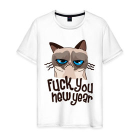 Мужская футболка хлопок с принтом Cat fuck you new year в Екатеринбурге, 100% хлопок | прямой крой, круглый вырез горловины, длина до линии бедер, слегка спущенное плечо. | cat | год змеи | интернет приколы | кошка | новый год | новый год 2013 | приколы