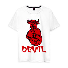 Мужская футболка хлопок с принтом красный дьяволёнок в Екатеринбурге, 100% хлопок | прямой крой, круглый вырез горловины, длина до линии бедер, слегка спущенное плечо. | Тематика изображения на принте: devil | бицепсы | бык | бычара | гантеля | качок | мускулы | силовой спорт