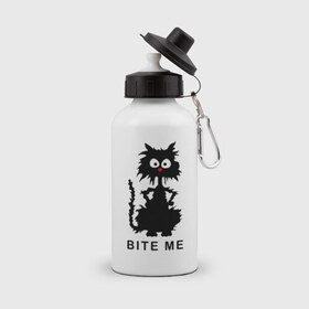 Бутылка спортивная с принтом Bite me (черный кот) в Екатеринбурге, металл | емкость — 500 мл, в комплекте две пластиковые крышки и карабин для крепления | киса | котенок