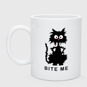 Кружка с принтом Bite me (черный кот) в Екатеринбурге, керамика | объем — 330 мл, диаметр — 80 мм. Принт наносится на бока кружки, можно сделать два разных изображения | киса | котенок