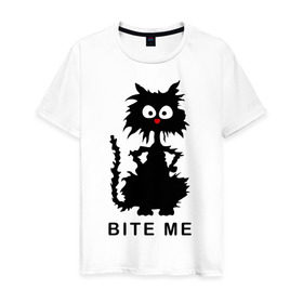Мужская футболка хлопок с принтом Bite me (черный кот) в Екатеринбурге, 100% хлопок | прямой крой, круглый вырез горловины, длина до линии бедер, слегка спущенное плечо. | киса | котенок