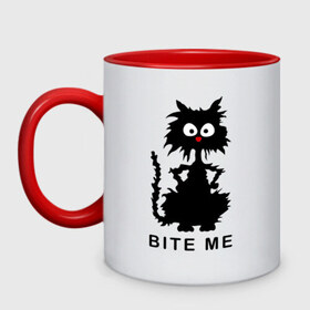 Кружка двухцветная с принтом Bite me (черный кот) в Екатеринбурге, керамика | объем — 330 мл, диаметр — 80 мм. Цветная ручка и кайма сверху, в некоторых цветах — вся внутренняя часть | киса | котенок