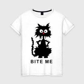 Женская футболка хлопок с принтом Bite me (черный кот) в Екатеринбурге, 100% хлопок | прямой крой, круглый вырез горловины, длина до линии бедер, слегка спущенное плечо | киса | котенок