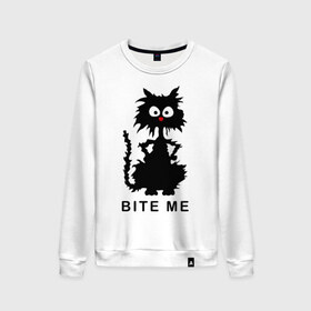 Женский свитшот хлопок с принтом Bite me (черный кот) в Екатеринбурге, 100% хлопок | прямой крой, круглый вырез, на манжетах и по низу широкая трикотажная резинка  | киса | котенок