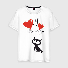 Мужская футболка хлопок с принтом Люблю котёнка в Екатеринбурге, 100% хлопок | прямой крой, круглый вырез горловины, длина до линии бедер, слегка спущенное плечо. | 