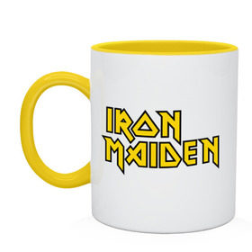 Кружка двухцветная с принтом Iron Maiden в Екатеринбурге, керамика | объем — 330 мл, диаметр — 80 мм. Цветная ручка и кайма сверху, в некоторых цветах — вся внутренняя часть | heavy metal | metal | rock | trash metal | метал | металл | рок | рок группа | трэш метал | хеви метал