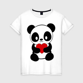 Женская футболка хлопок с принтом Пандочка с сердцем в Екатеринбурге, 100% хлопок | прямой крой, круглый вырез горловины, длина до линии бедер, слегка спущенное плечо | панда